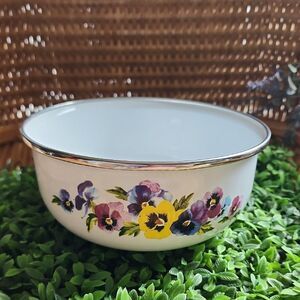 Vintage Enameled Metal Pansy Floral Bowl With Silver Tone Rim